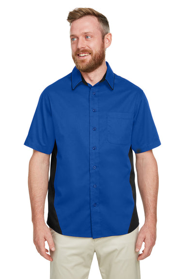Harriton M586/M586T Mens Flash Colorblock Short Sleeve Button Down Shirt w/ Pocket True Royal Blue/Black Front