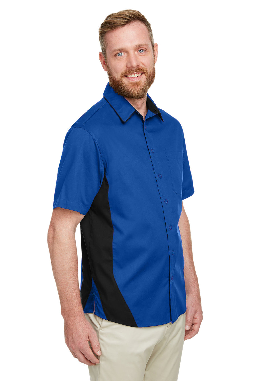 Harriton M586/M586T Mens Flash Colorblock Short Sleeve Button Down Shirt w/ Pocket True Royal Blue/Black 3Q