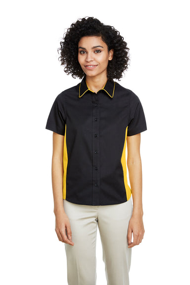 Harriton M586W Womens Flash Colorblock Short Sleeve Button Down Shirt Black/Sunray Yellow Front