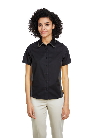 Harriton M586W Womens Flash Colorblock Short Sleeve Button Down Shirt Black/Dark Charcoal Grey Front