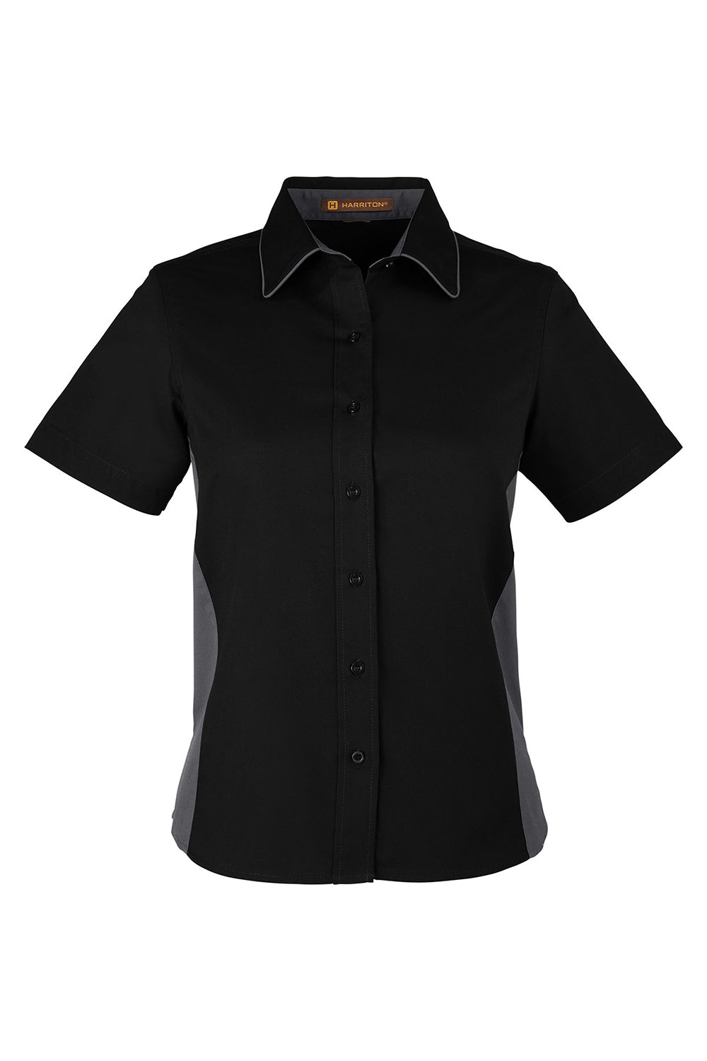 Harriton M586W Womens Flash Colorblock Short Sleeve Button Down Shirt Black/Dark Charcoal Grey Flat Front