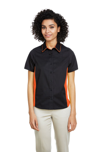 Harriton M586W Womens Flash Colorblock Short Sleeve Button Down Shirt Black/Team Orange Front