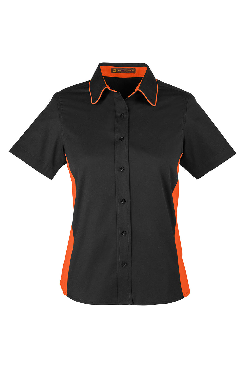 Harriton M586W Womens Flash Colorblock Short Sleeve Button Down Shirt Black/Team Orange Flat Front