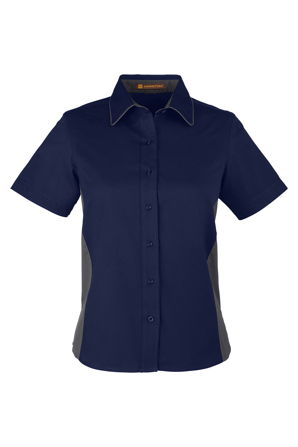 Harriton M586W Womens Flash Colorblock Short Sleeve Button Down Shirt Dark Navy Blue/Dark Charcoal Grey Flat Front