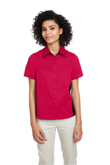 Harriton M586W Womens Flash Colorblock Short Sleeve Button Down Shirt Red/Black Front
