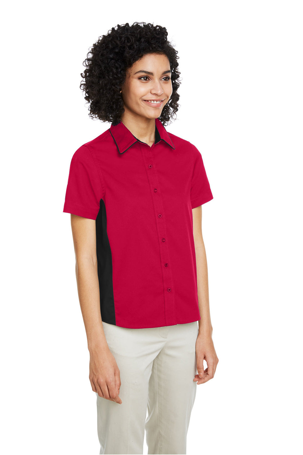 Harriton M586W Womens Flash Colorblock Short Sleeve Button Down Shirt Red/Black 3Q