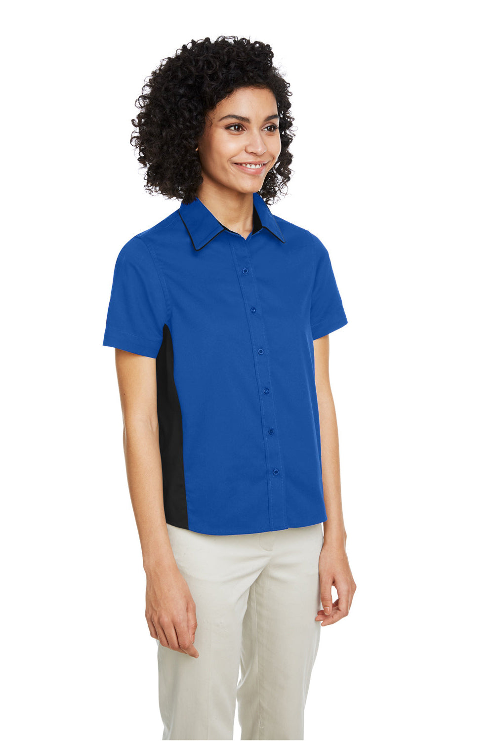 Harriton M586W Womens Flash Colorblock Short Sleeve Button Down Shirt True Royal Blue/Black 3Q