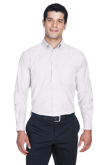 Harriton M600 Mens Oxford Wrinkle Resistant Long Sleeve Button Down Shirt w/ Pocket White Front