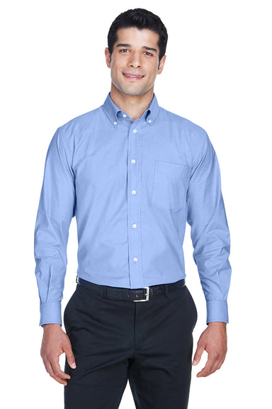 Harriton M600 Mens Oxford Wrinkle Resistant Long Sleeve Button Down Shirt w/ Pocket Light Blue Front