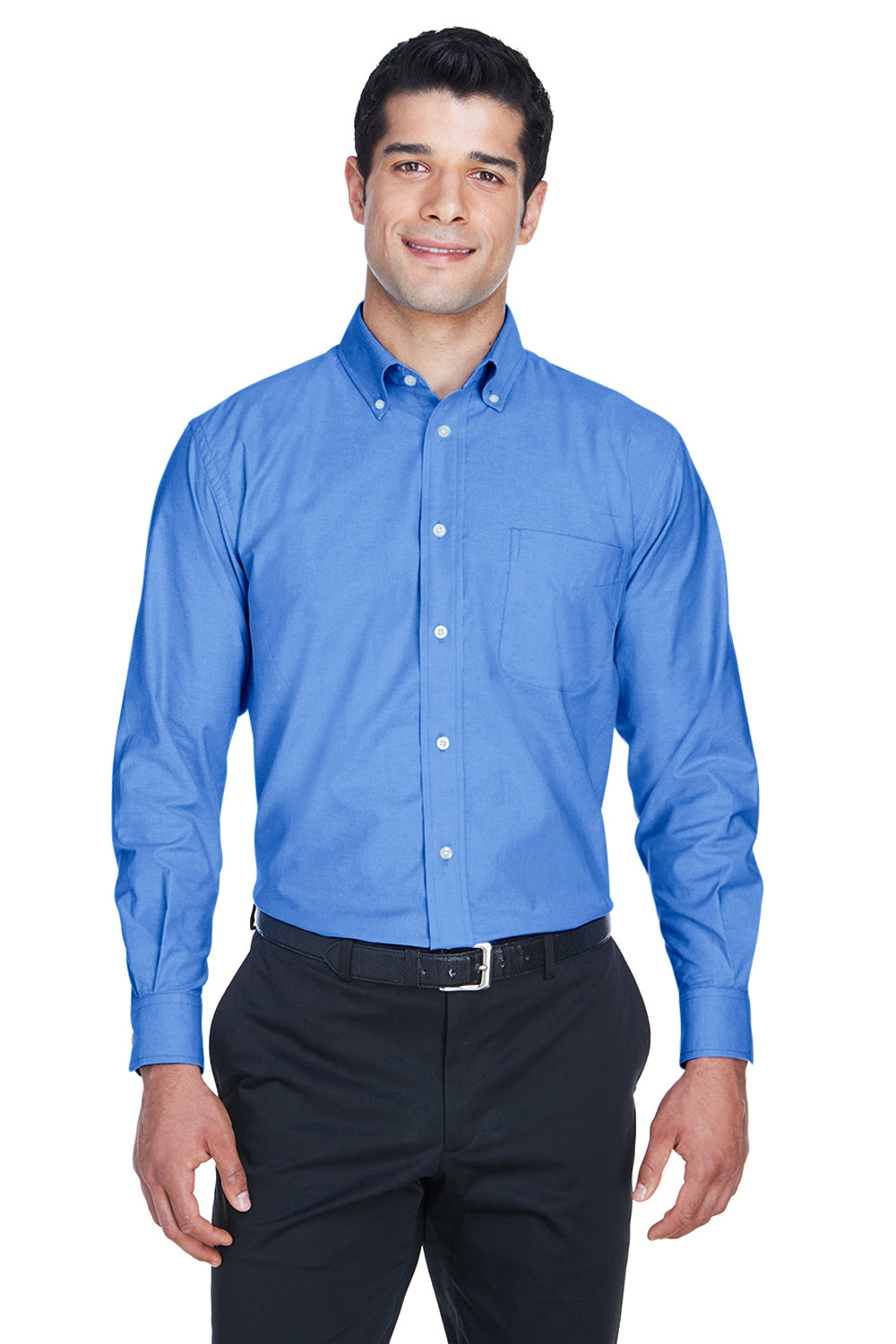 Harriton M600 Mens Oxford Wrinkle Resistant Long Sleeve Button Down Shirt w/ Pocket French Blue Front