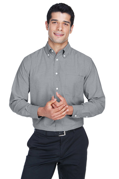 Harriton M600 Mens Oxford Wrinkle Resistant Long Sleeve Button Down Shirt w/ Pocket Oxford Grey Front