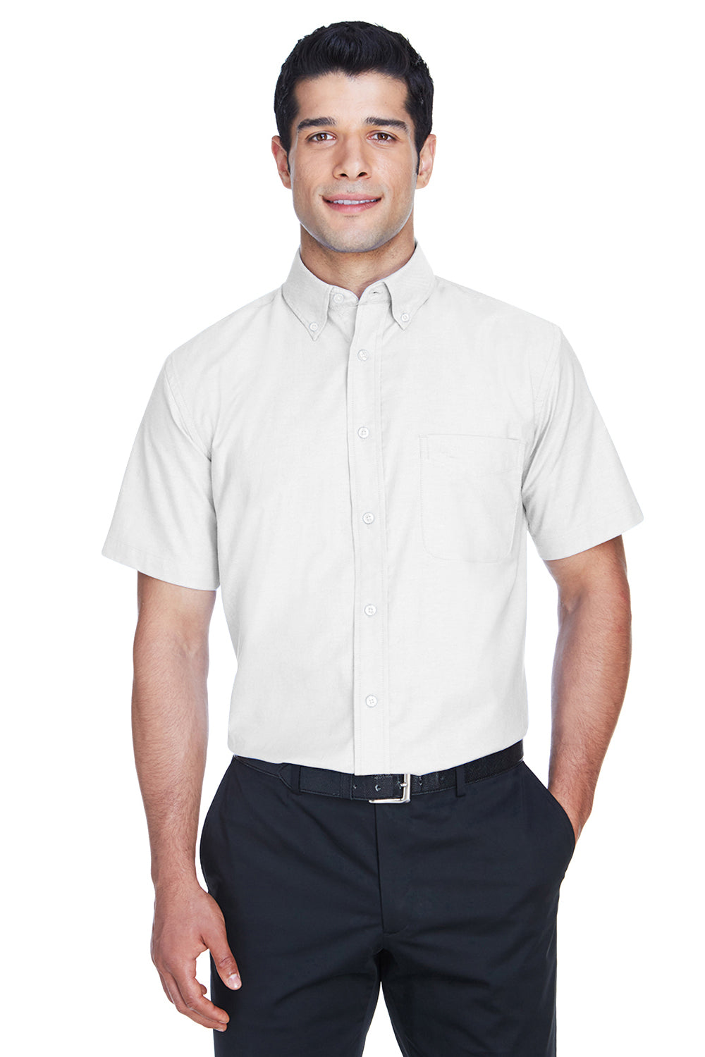 Harriton M600S Mens Oxford Wrinkle Resistant Short Sleeve Button Down Shirt w/ Pocket White Front