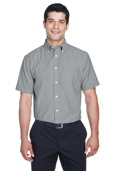 Harriton M600S Mens Oxford Wrinkle Resistant Short Sleeve Button Down Shirt w/ Pocket Oxford Grey Front