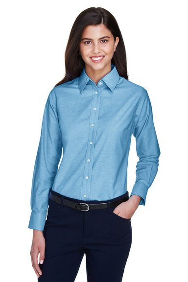 Harriton M600W Womens Oxford Wrinkle Resistant Long Sleeve Button Down Shirt Light Blue Front
