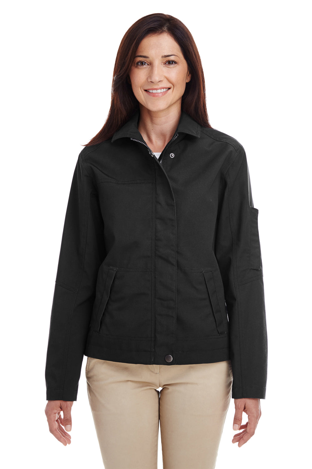 Harriton M705W Womens Auxiliary Water Resistant Canvas Full Zip Jacket Black Front