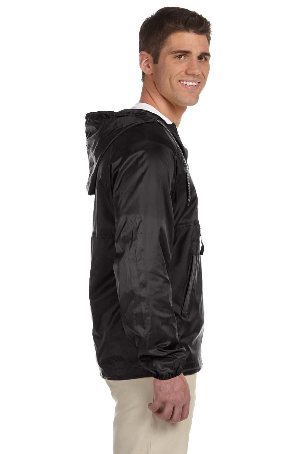 Harriton M750 Mens Packable Wind & Water Resistant 1/4 Zip Hooded Jacket Black Side