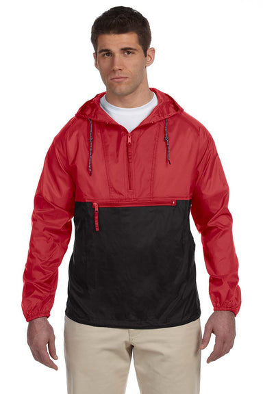 Harriton M750 Mens Packable Wind & Water Resistant 1/4 Zip Hooded Jacket Red Front