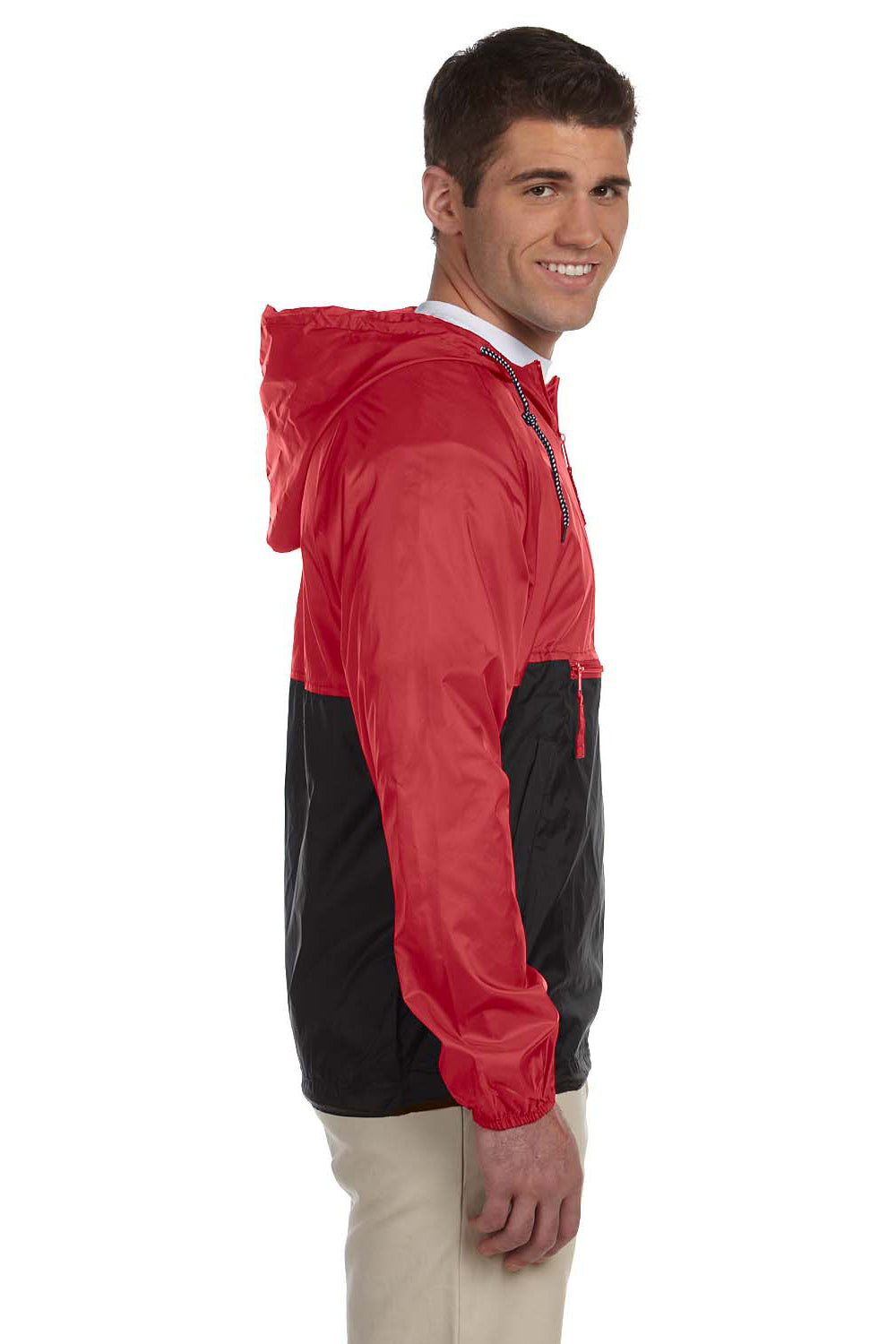 Harriton M750 Mens Packable Wind & Water Resistant 1/4 Zip Hooded Jacket Red Side