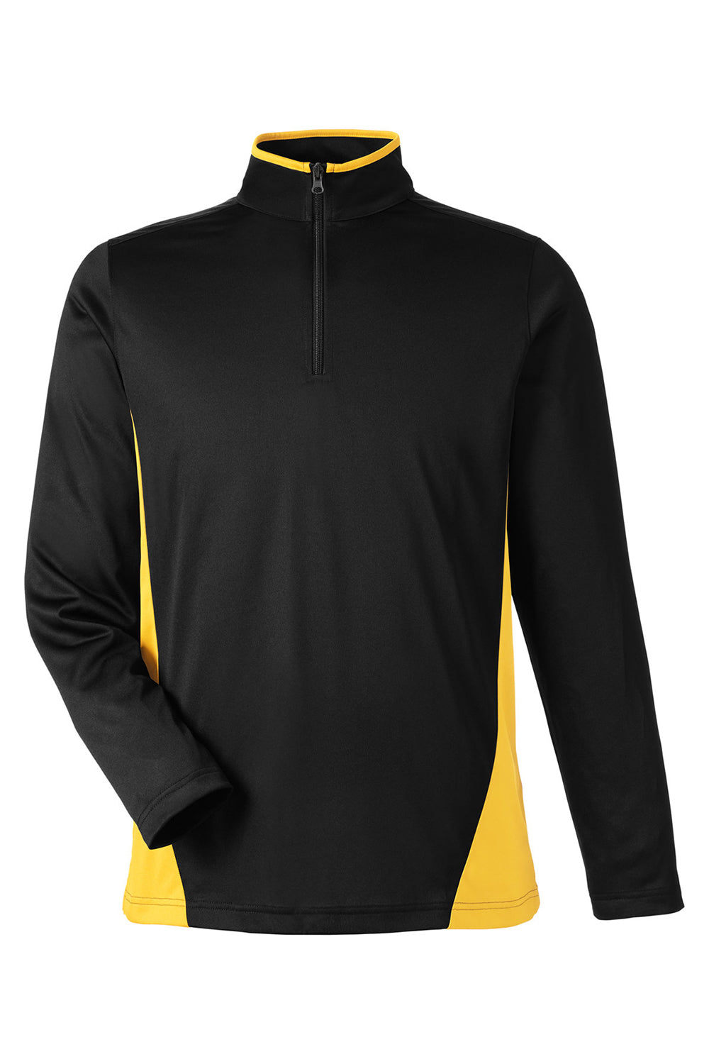 Harriton M786 Mens Flash Performance Moisture Wicking Colorblock 1/4 Zip Sweatshirt Black/Sunray Yellow Flat Front