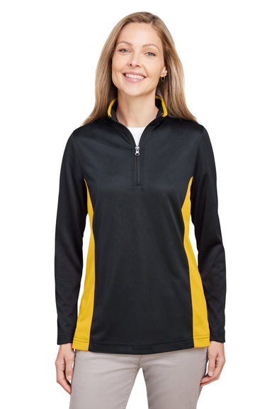 Harriton M786W Womens Flash Performance Moisture Wicking Colorblock 1/4 Zip Sweatshirt Black/Sunray Yellow Front