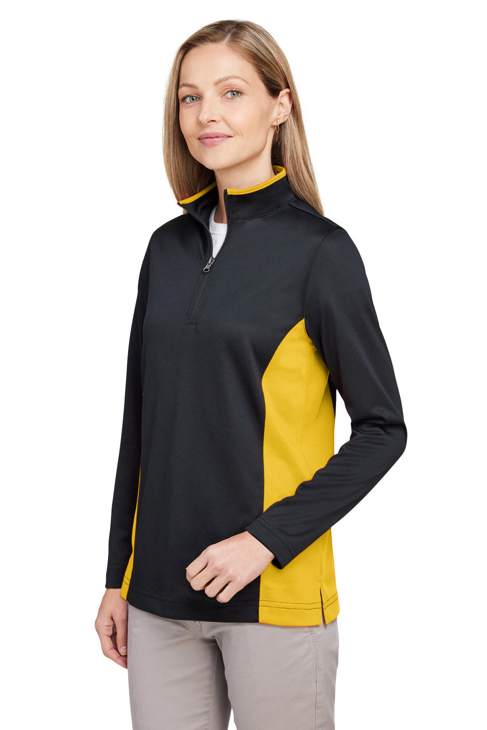 Harriton M786W Womens Flash Performance Moisture Wicking Colorblock 1/4 Zip Sweatshirt Black/Sunray Yellow 3Q