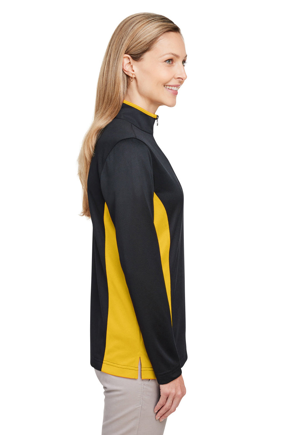 Harriton M786W Womens Flash Performance Moisture Wicking Colorblock 1/4 Zip Sweatshirt Black/Sunray Yellow Side