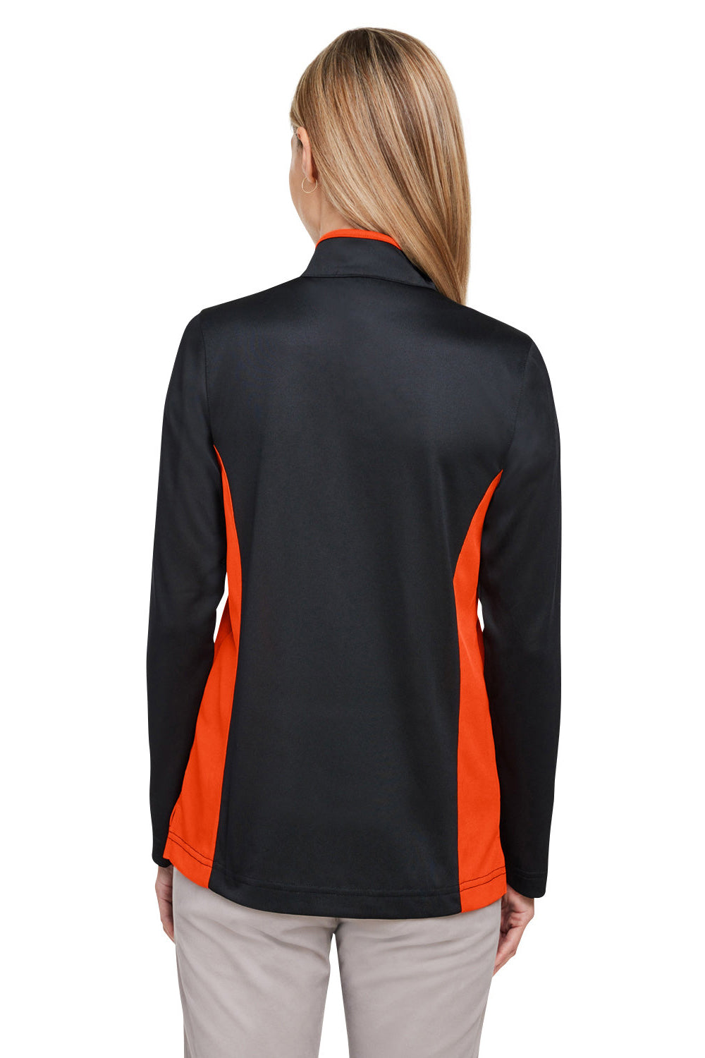 Harriton M786W Womens Flash Performance Moisture Wicking Colorblock 1/4 Zip Sweatshirt Black/Team Orange Back