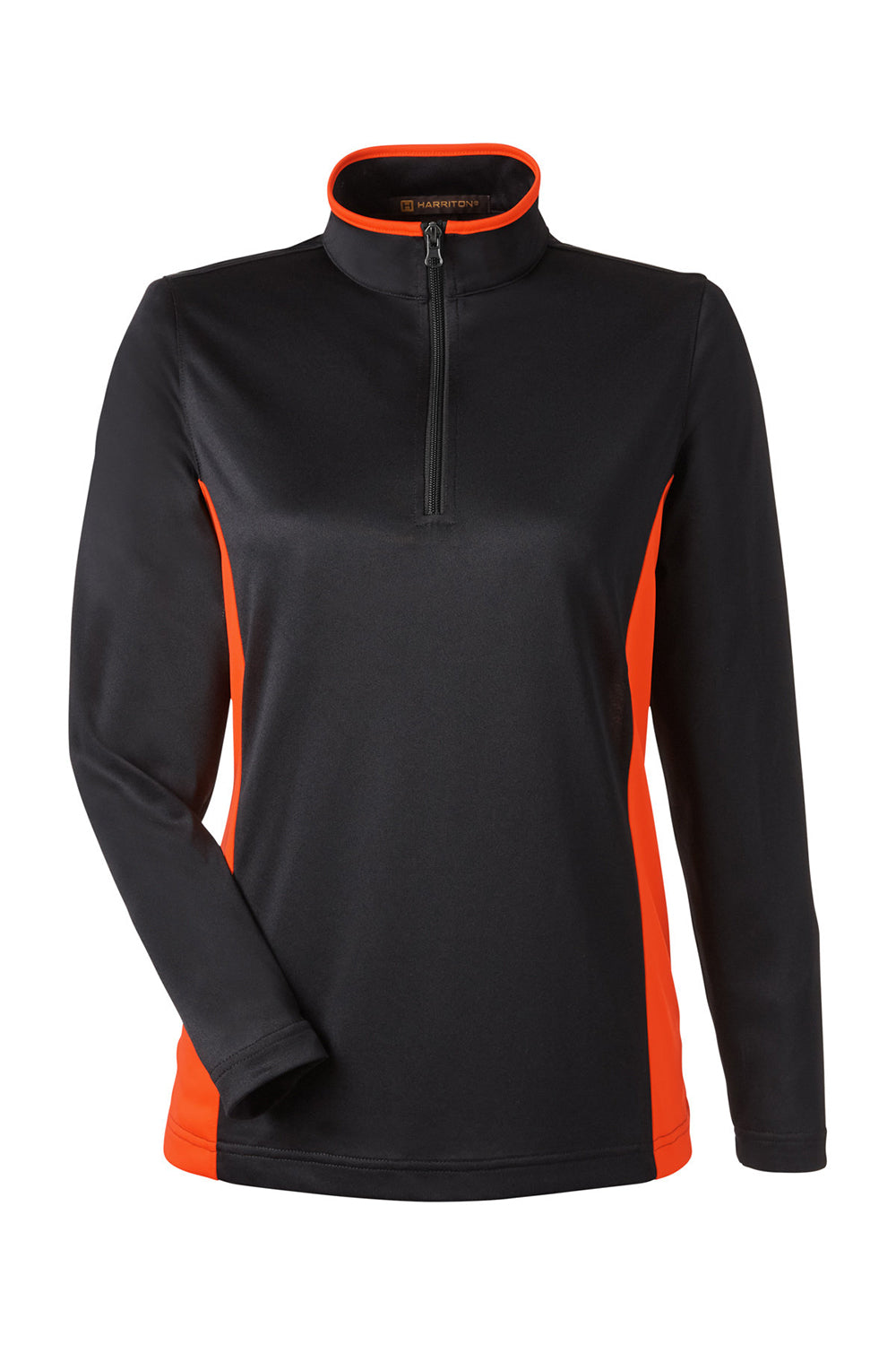 Harriton M786W Womens Flash Performance Moisture Wicking Colorblock 1/4 Zip Sweatshirt Black/Team Orange Flat Front