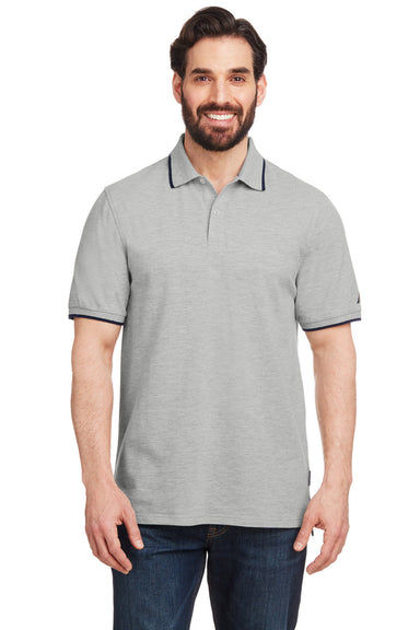 Nautica N17165 Mens Desk Short Sleeve Polo Shirt Oxford Grey/Navy Blue Front