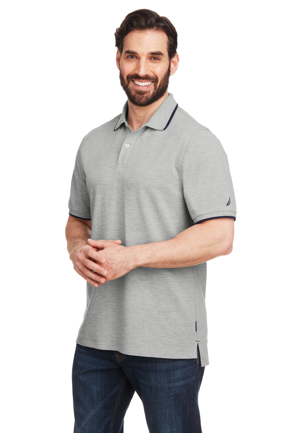 Nautica N17165 Mens Desk Short Sleeve Polo Shirt Oxford Grey/Navy Blue 3Q