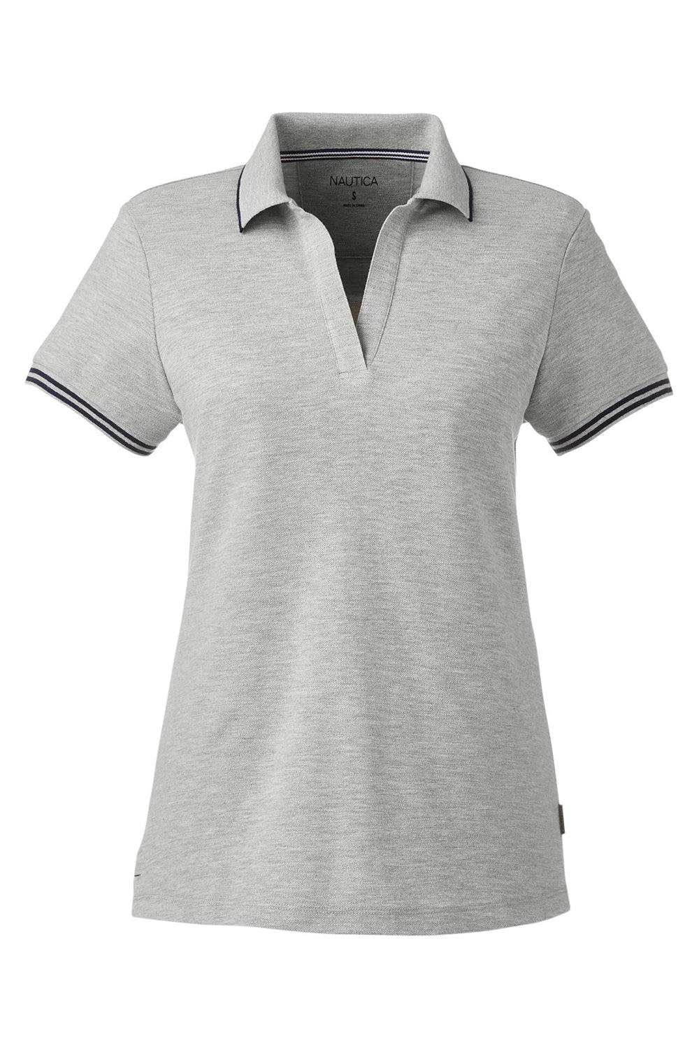 Nautica N17168 Womens Desk Short Sleeve Polo Shirt Oxford Grey/Navy Blue Flat Front