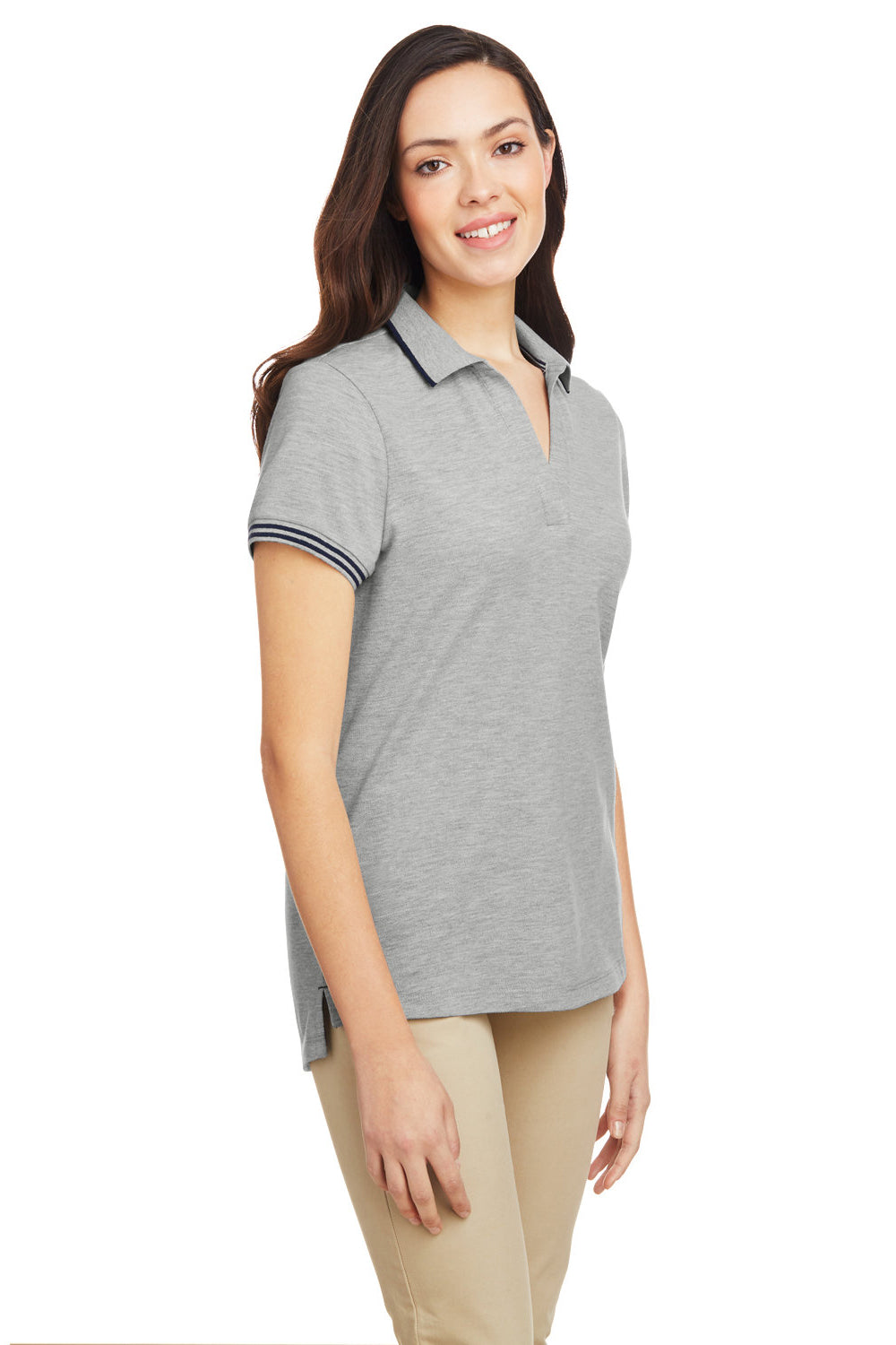 Nautica N17168 Womens Desk Short Sleeve Polo Shirt Oxford Grey/Navy Blue 3Q