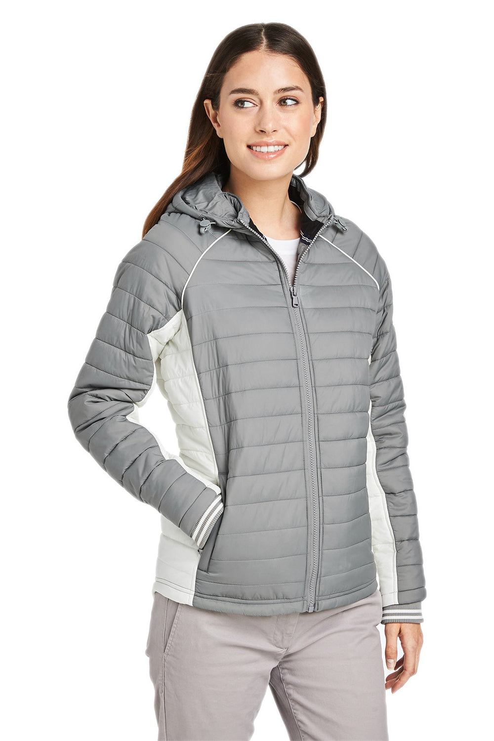 Nautica N17187 Womens Nautical Mile Packable Full Zip Hooded Puffer Jacket Graphite Grey/Antique White 3Q