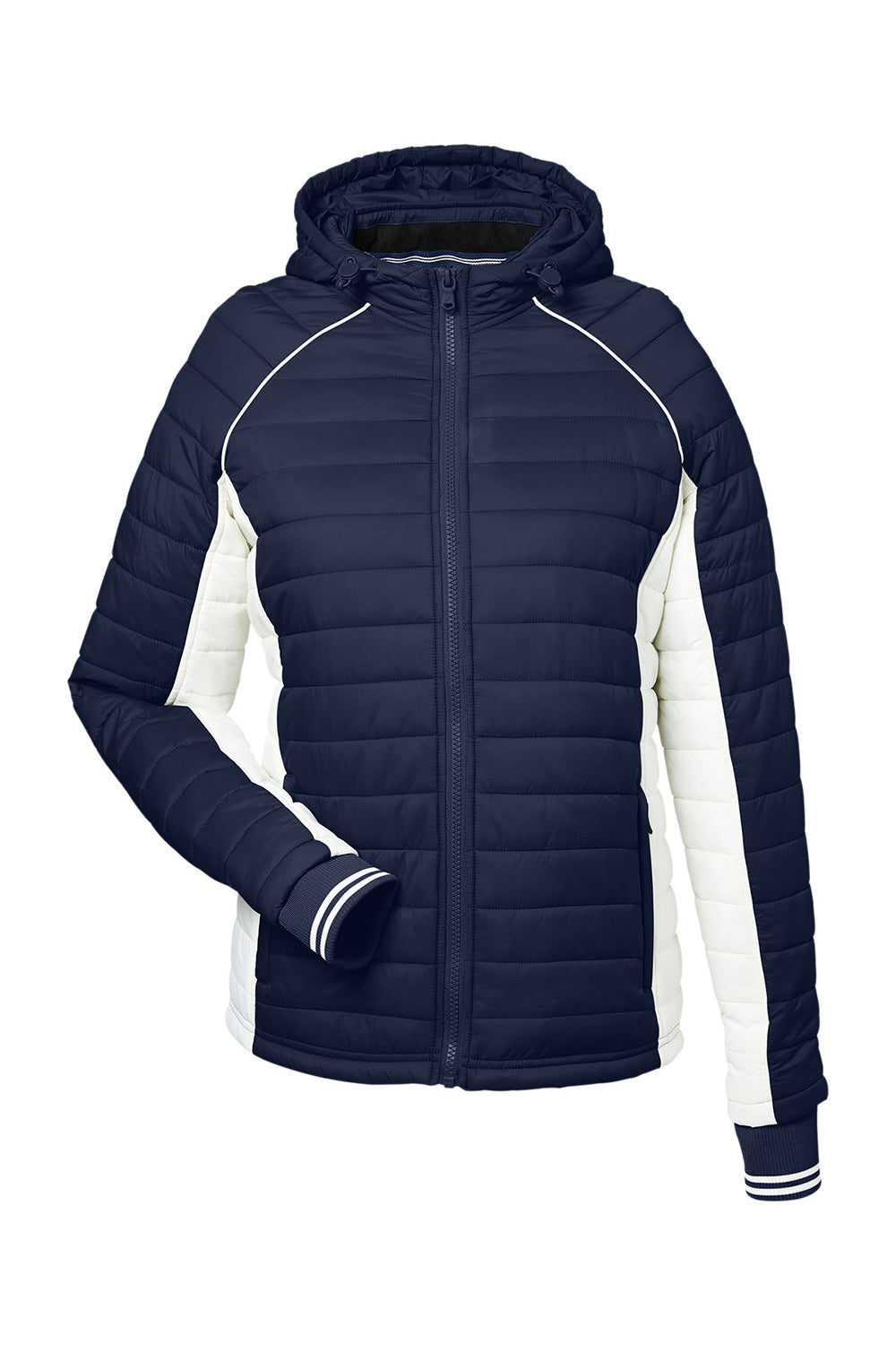 Nautica N17187 Womens Nautical Mile Packable Full Zip Hooded Puffer Jacket Night Navy Blue/Antique White Flat Front