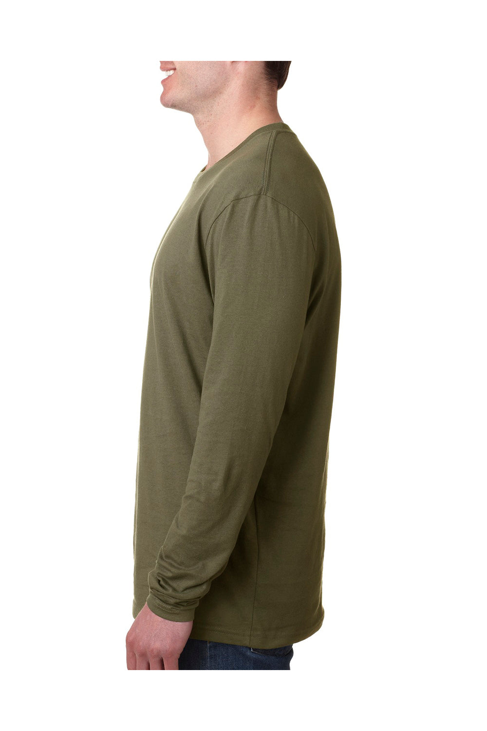 Next Level N3601 Mens Fine Jersey Long Sleeve Crewneck T-Shirt Military Green Side
