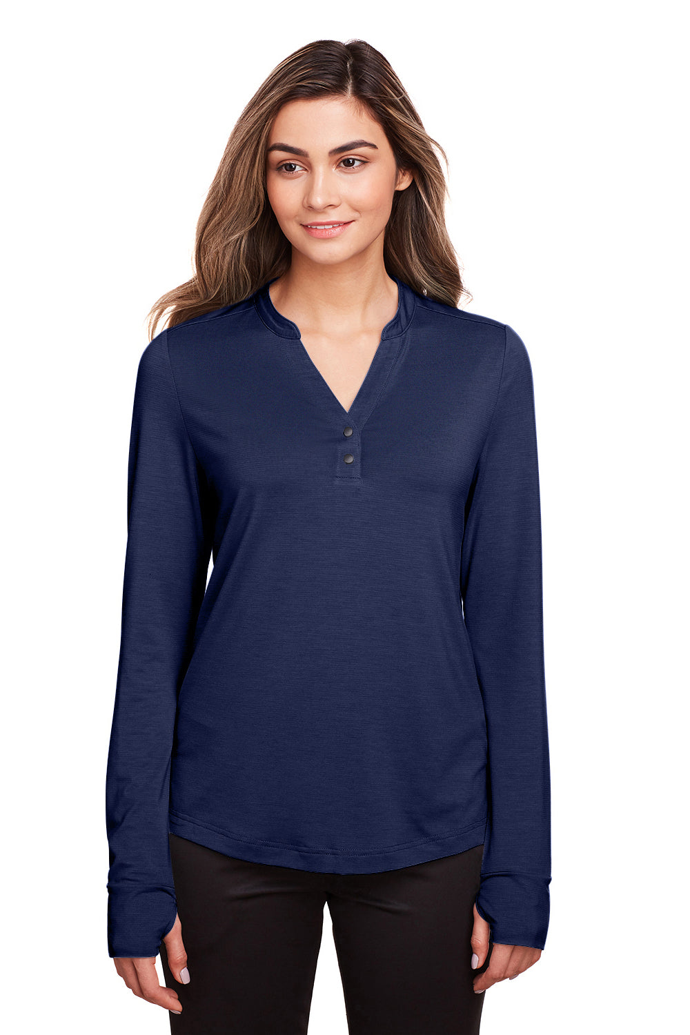 North End NE400W Womens Jaq Performance Moisture Wicking Long Sleeve Polo Shirt Navy Blue Front