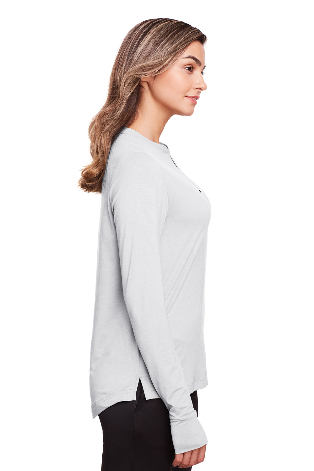 North End NE400W Womens Jaq Performance Moisture Wicking Long Sleeve Polo Shirt Platinum Grey Side