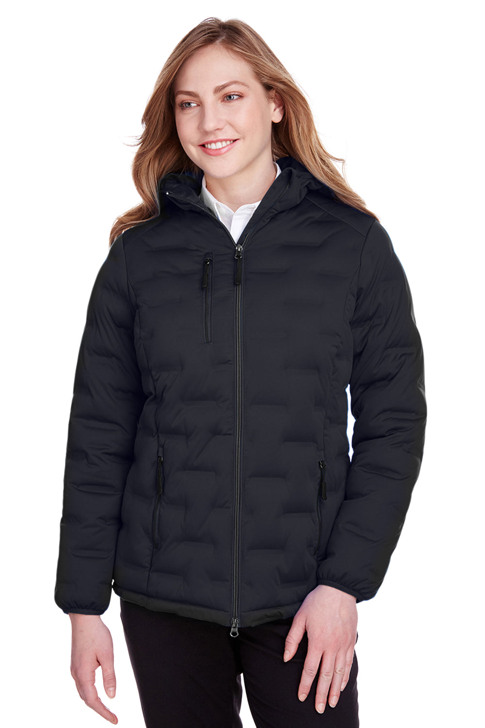 North End NE708W Womens Loft Waterproof Full Zip Hooded Puffer Jacket Black/Carbon Grey Front