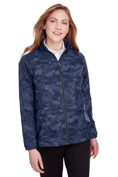North End NE711W Womens Rotate Reflective Water Resistant Full Zip Hooded Jacket Navy Blue/Carbon Grey Front