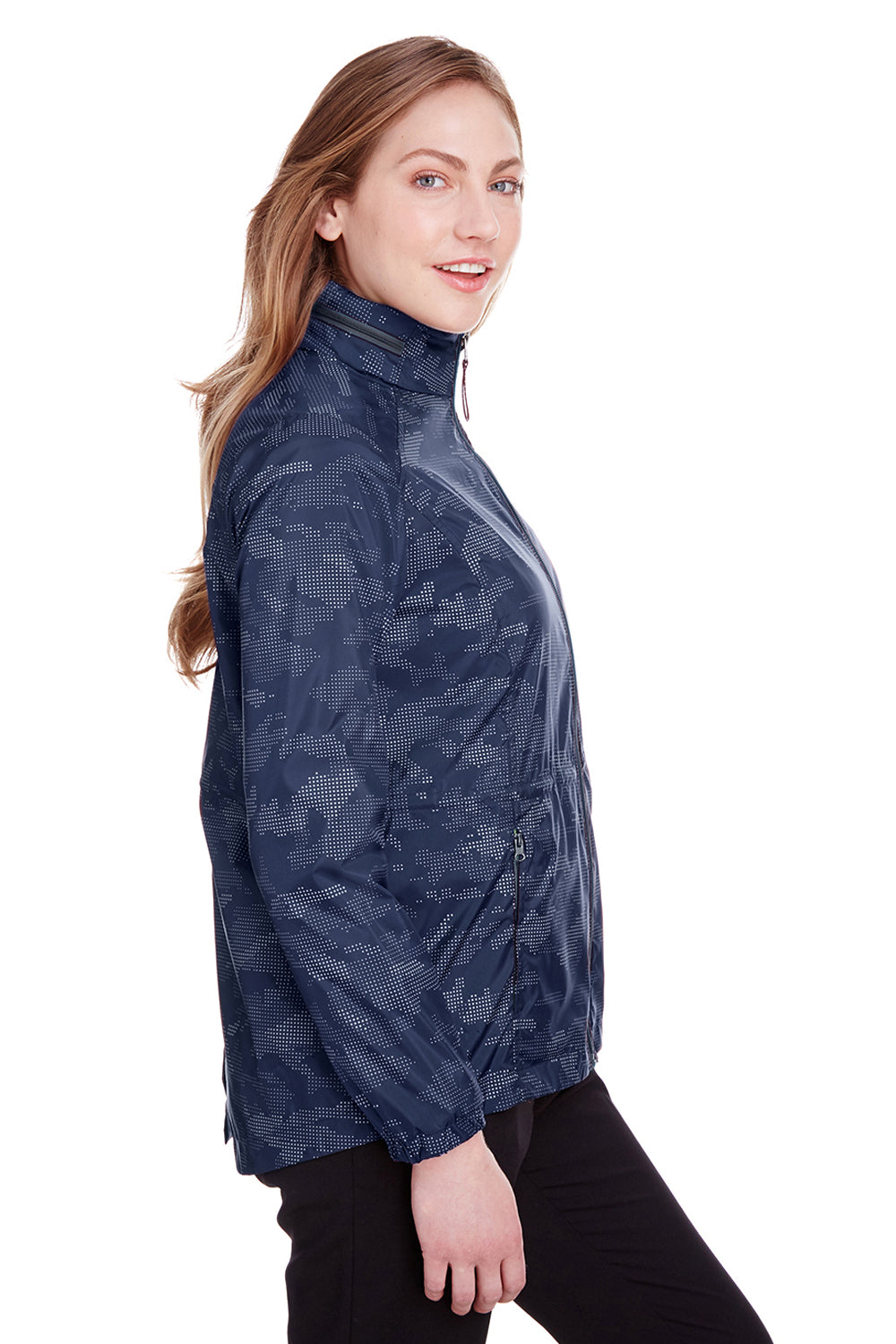 North End NE711W Womens Rotate Reflective Water Resistant Full Zip Hooded Jacket Navy Blue/Carbon Grey Side