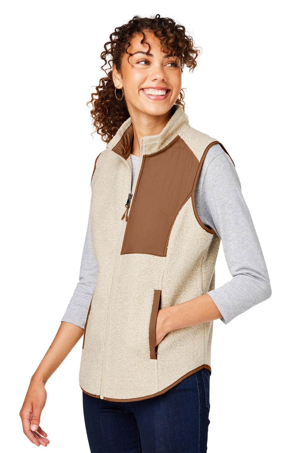 North End NE714W Womens Aura Sweater Fleece Full Zip Vest Heather Oatmeal/Teak 3Q