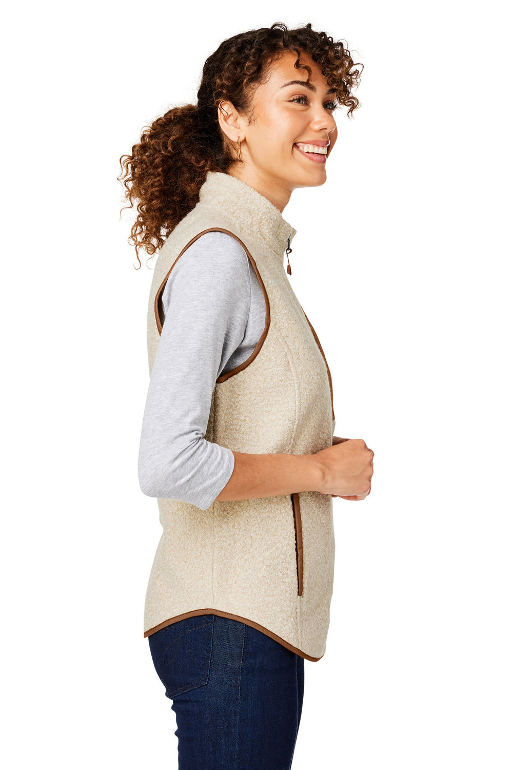 North End NE714W Womens Aura Sweater Fleece Full Zip Vest Heather Oatmeal/Teak Side