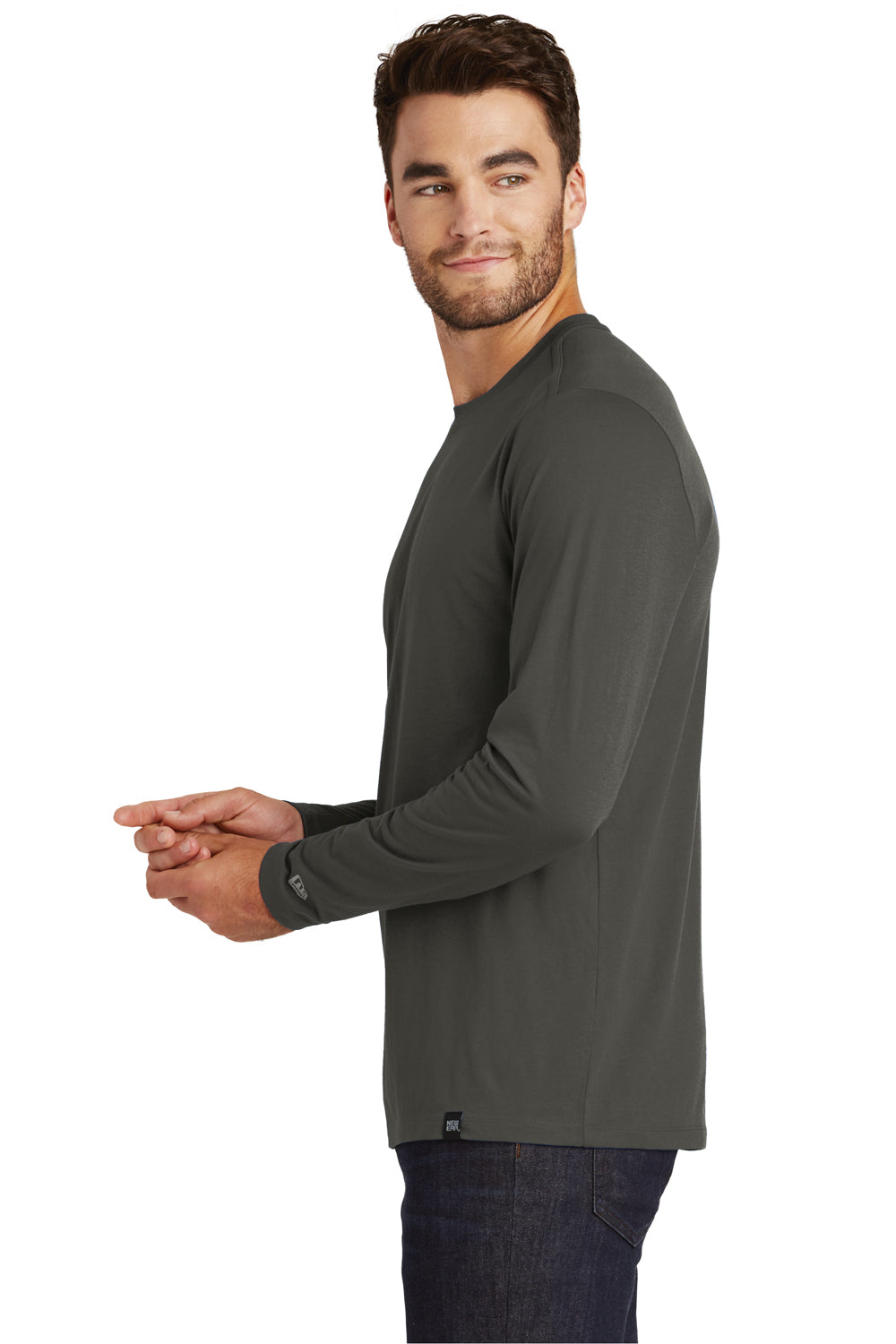 New Era NEA102 Mens Heritage Long Sleeve Crewneck T-Shirt Graphite Grey Side