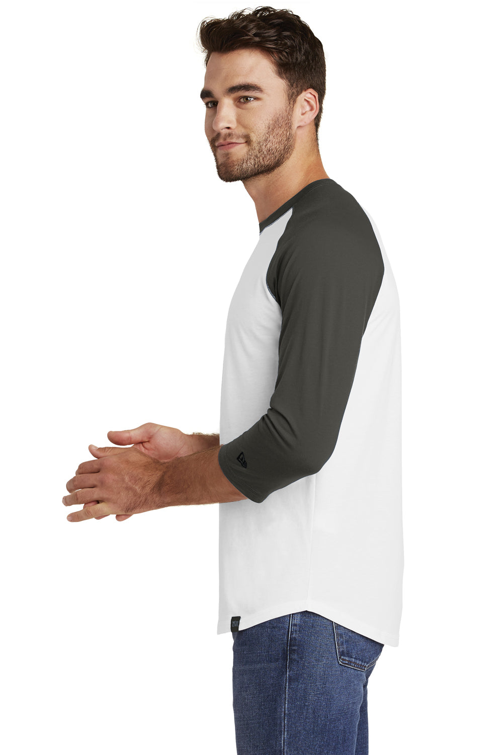 New Era NEA104 Mens Heritage 3/4 Sleeve Crewneck T-Shirt Graphite Grey/White Side