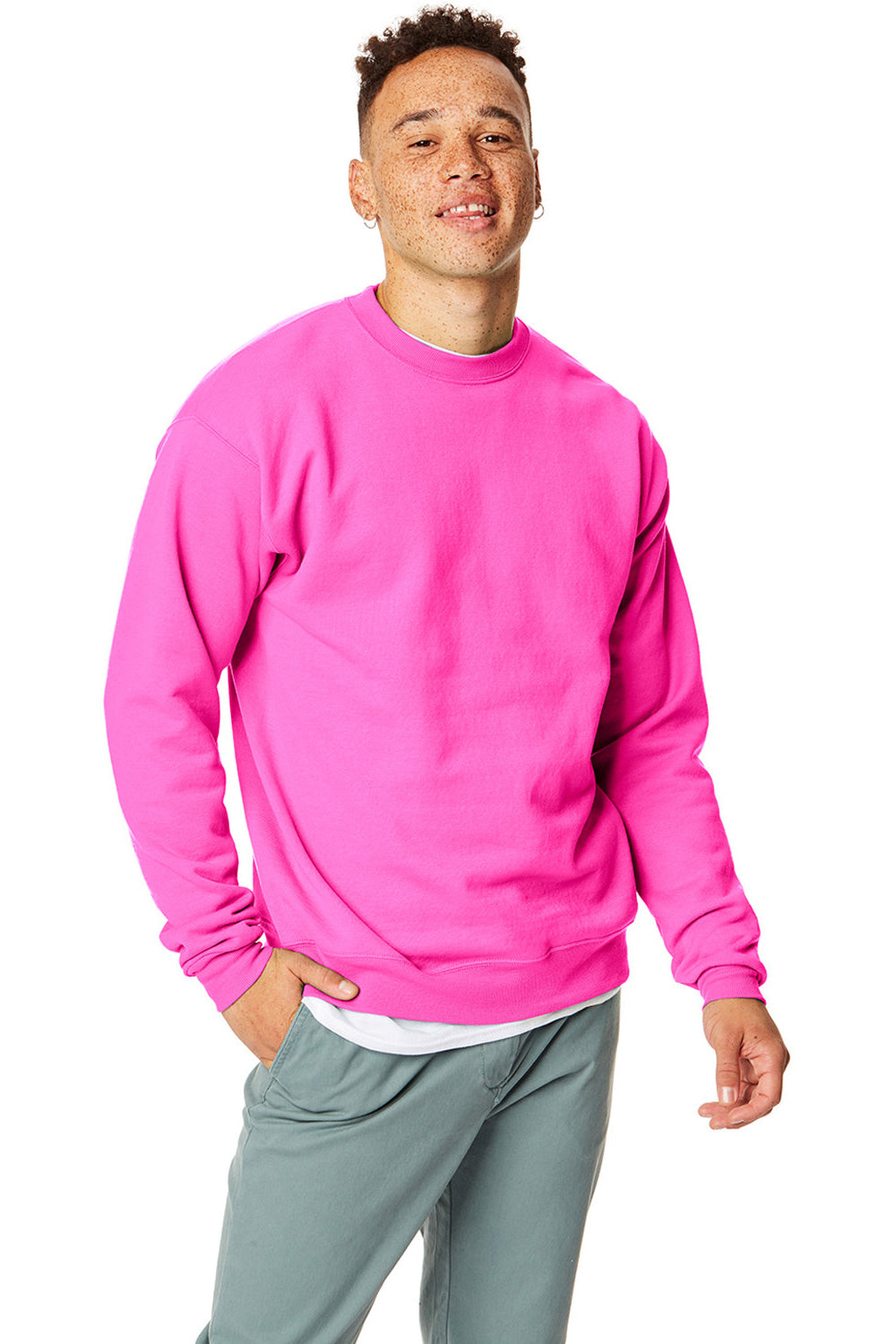 Hanes P160/P1607 Mens EcoSmart Print Pro XP Fleece Crewneck Sweatshirt Safety Pink Front