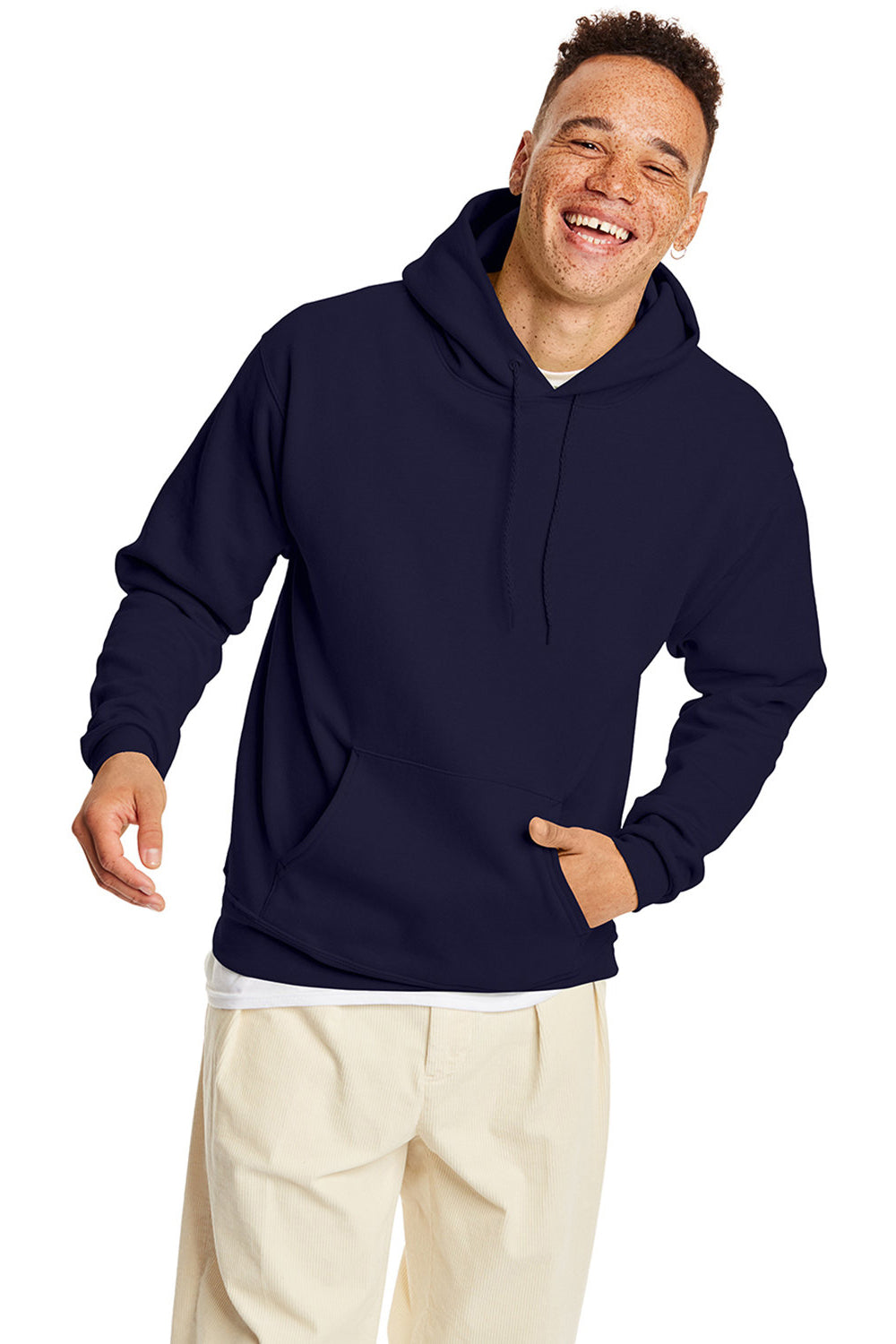Hanes P170 Mens EcoSmart Print Pro XP Hooded Sweatshirt Hoodie Athletic Navy Blue Front