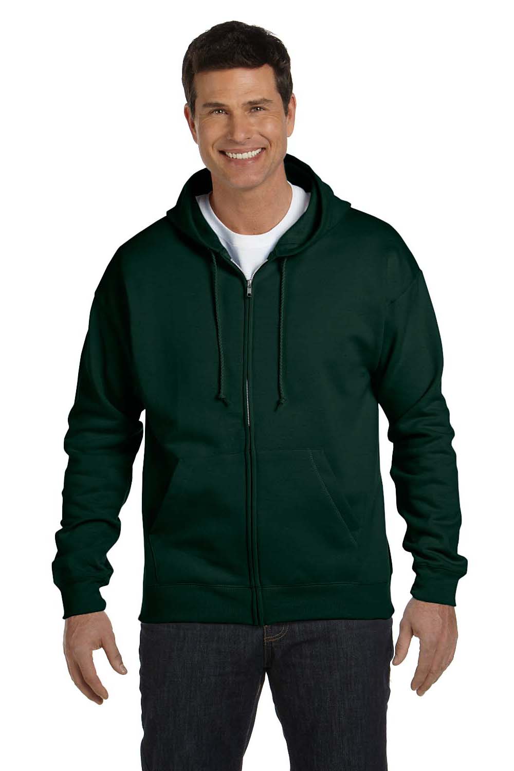 Hanes P180 Mens EcoSmart Print Pro XP Full Zip Hooded Sweatshirt Hoodie Forest Green Front