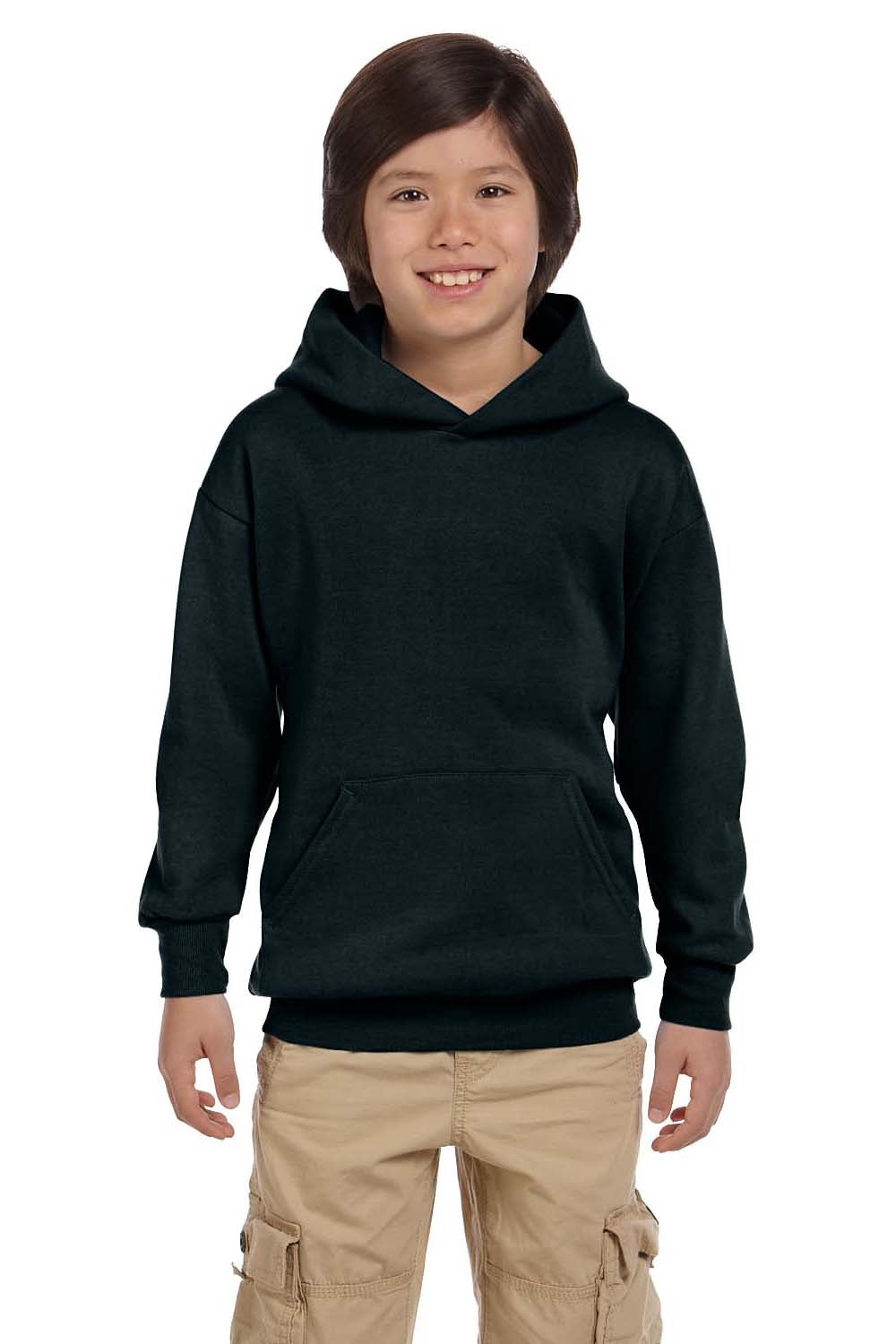 Hanes P473 Youth EcoSmart Print Pro XP Hooded Sweatshirt Hoodie Black Front