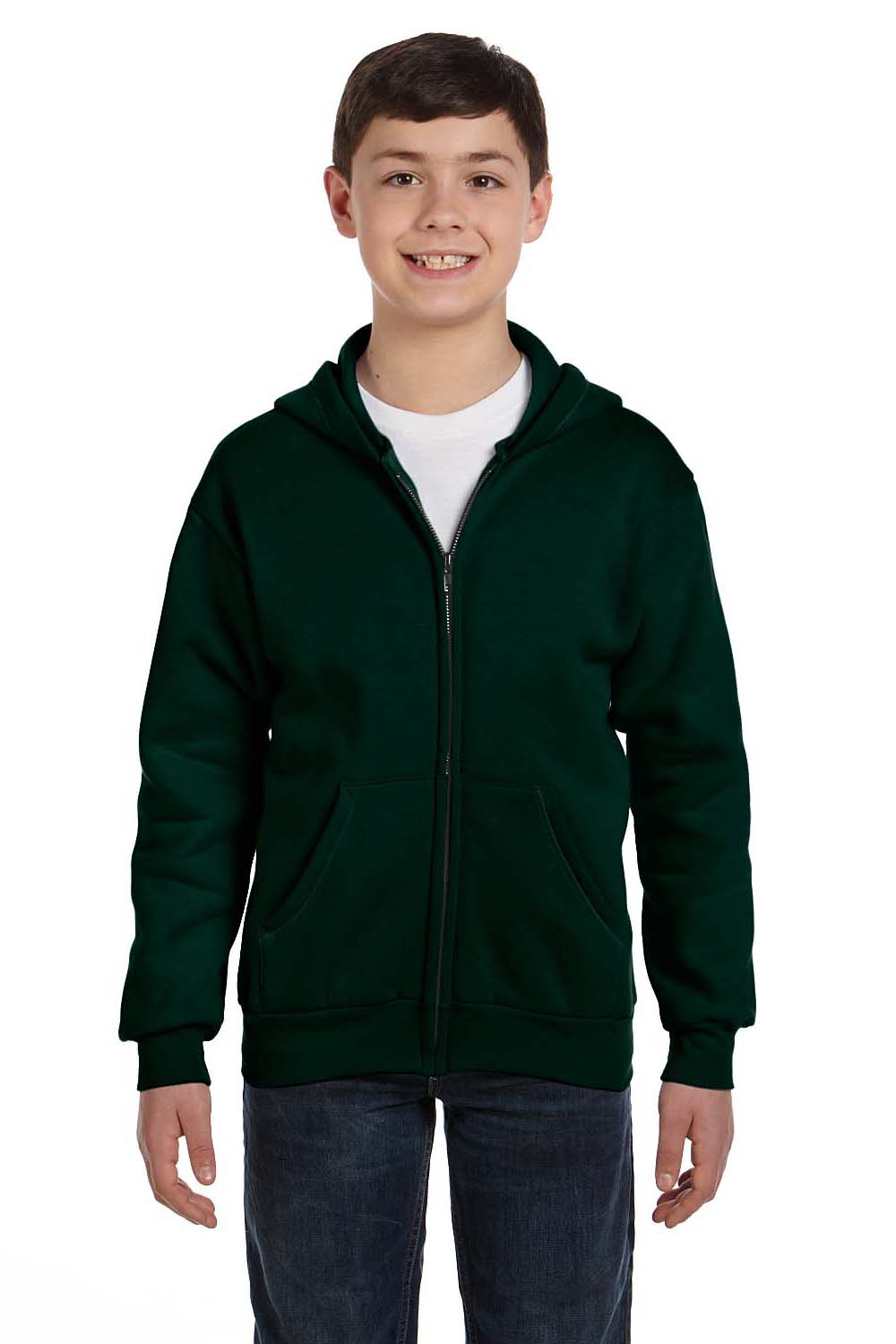 Hanes P480 Youth EcoSmart Print Pro XP Full Zip Hooded Sweatshirt Hoodie Forest Green Front