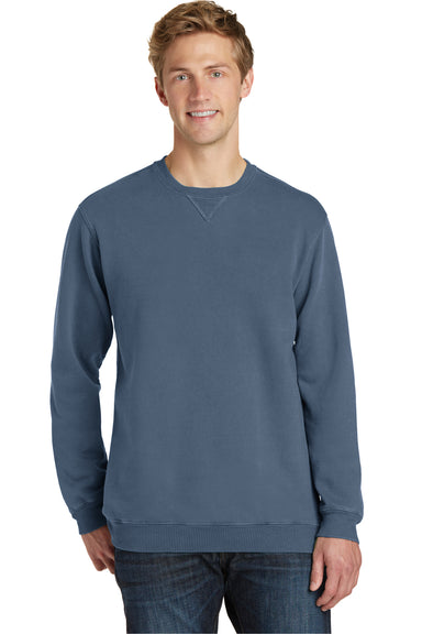 Port & Company PC098 Mens Beach Wash Fleece Crewneck Sweatshirt Denim Blue Front